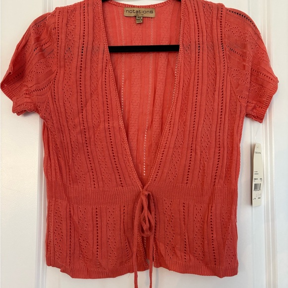 Notations Sweaters - NEW Notations Petite Coral Knit Tie Front Openwork Short Sleeve Blouse PM